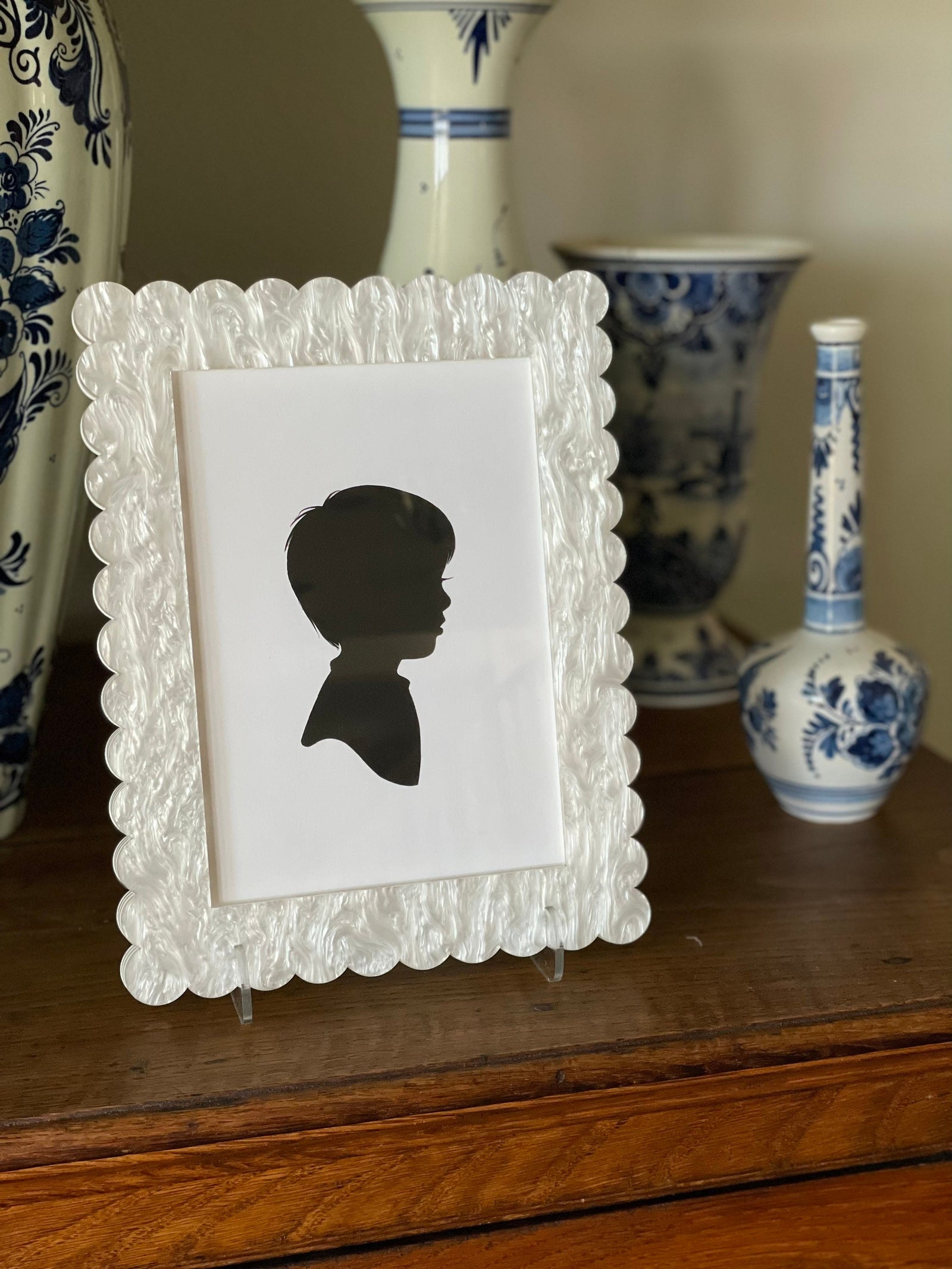 Acrylic Frame with Scalloped Edges and Magnetic Closure- Wall Hanging, Standing, Pearl