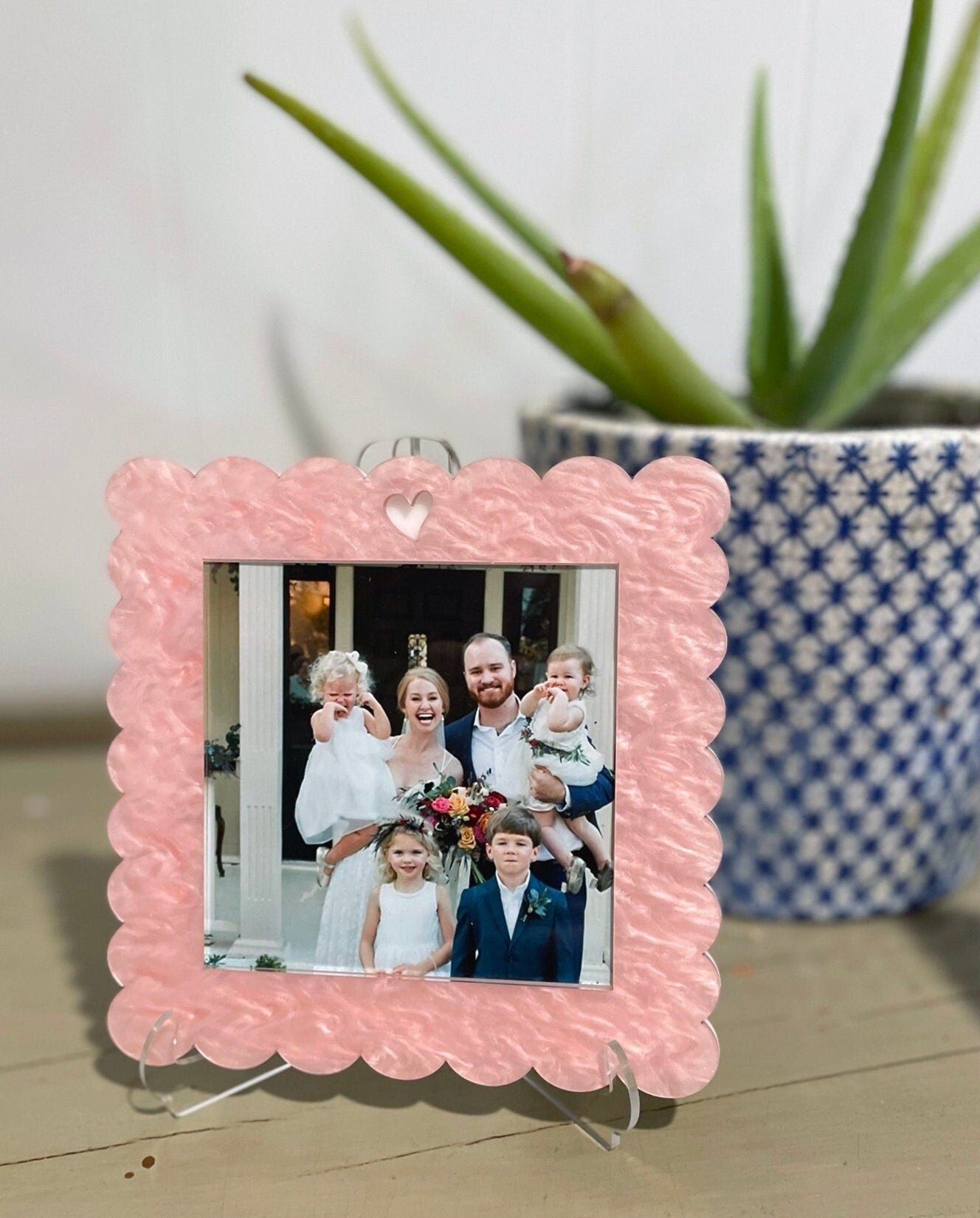 Valentine's Day Picture Frame, Pink Heart Photo Frame, Acrylic Scallop Edge Frame, Valentines Gift For Mom, Floating Square Picture Frame